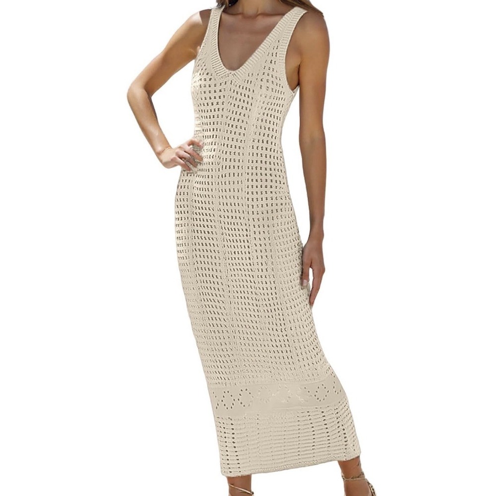 Women Swim Cover Up Crochet Knit V Neck Sleeveless Medium
